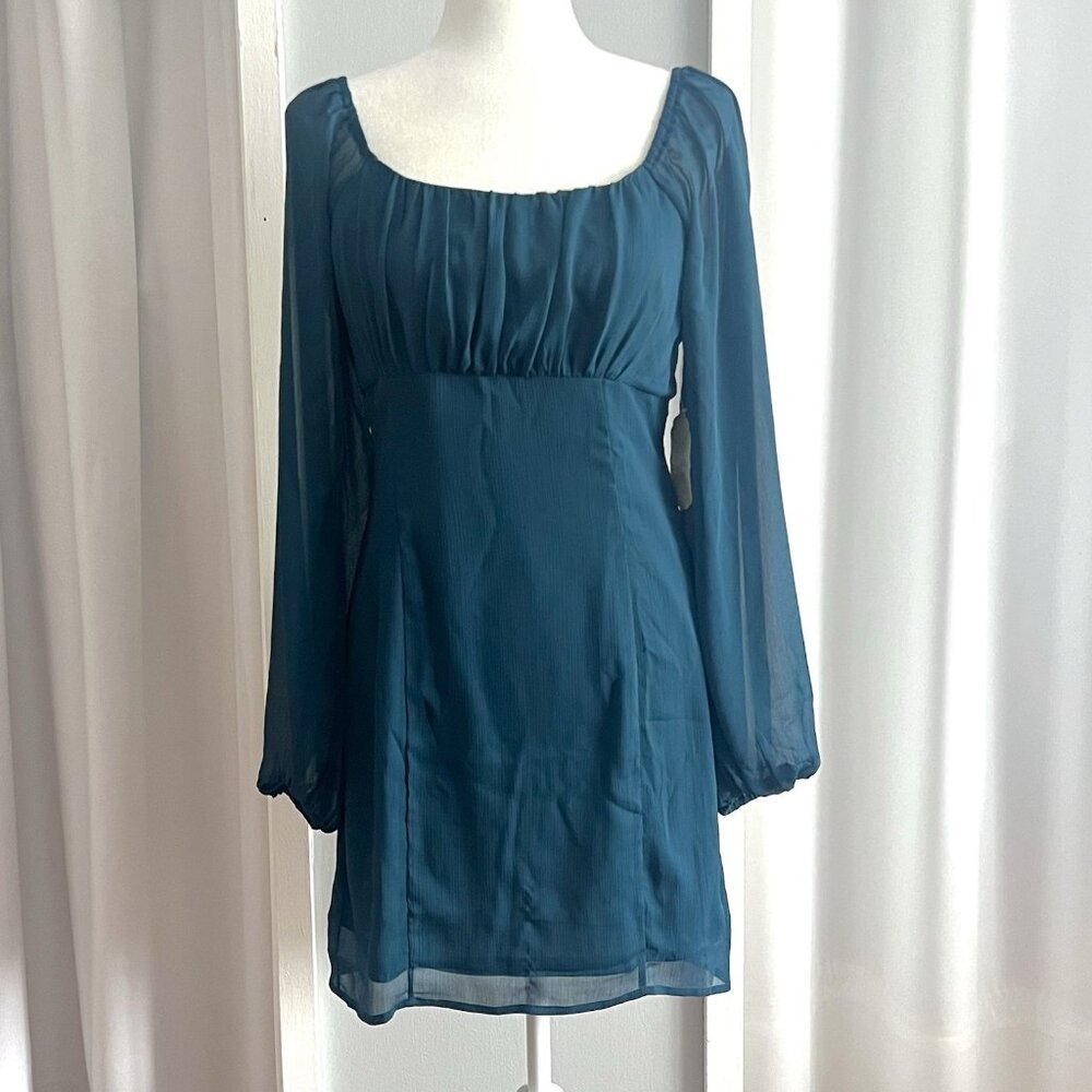 NWT Altar'd State Teal Blue Sheer Sleeve Square Neck Mini Dress Womens sz M